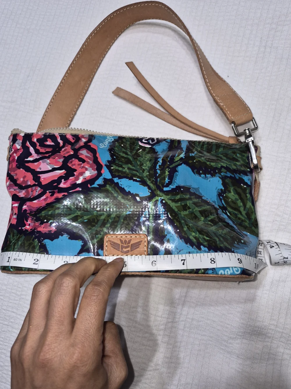 Consuela Blue Floral Patent Shoulder Bag with Tan Strap